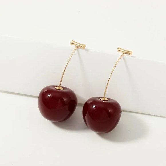 Sweet Dark Red Cherry Fruit Resin Drop Earrings NEW - Picture 6 of 6